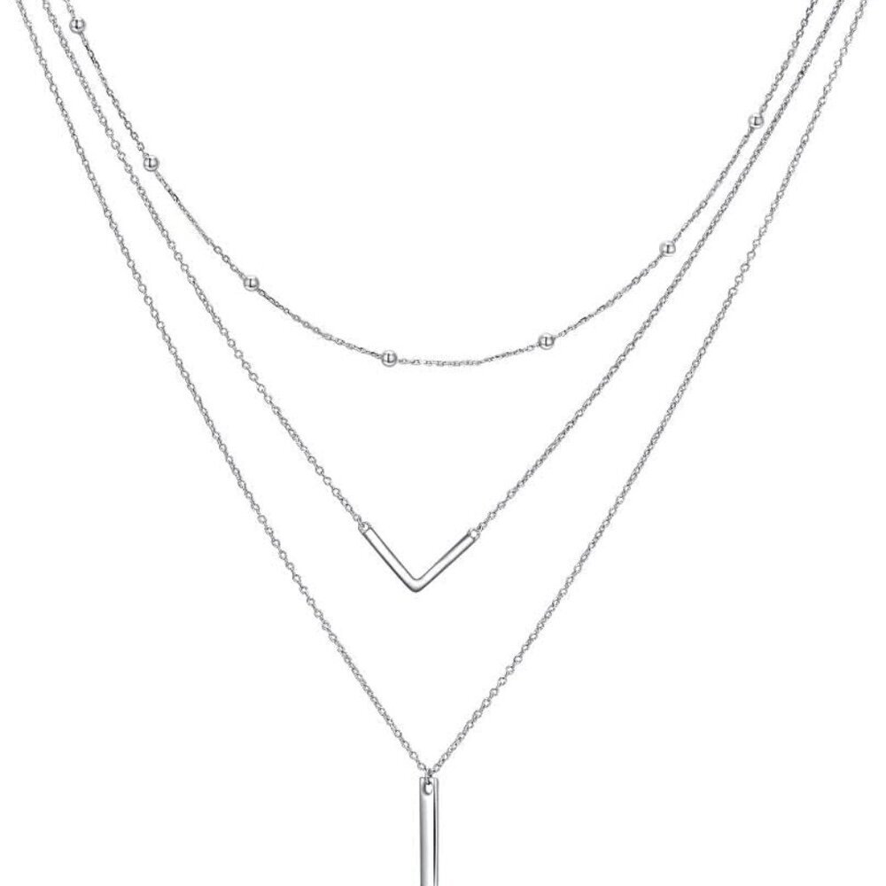 Boho-Chic Sterling Silver Necklace: 3 Layer Vertical Bars for Everyday Elegance
